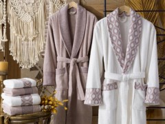 Set Robe - Aria Jacquard Cotton Bathrobe Set Cream Cream 100331502 - Turkey