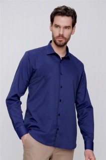 Men Clothing - Men's Navy Blue Straight Slim Fit Slim Fit Satin Lycra Shirt 100350745 - Turkey