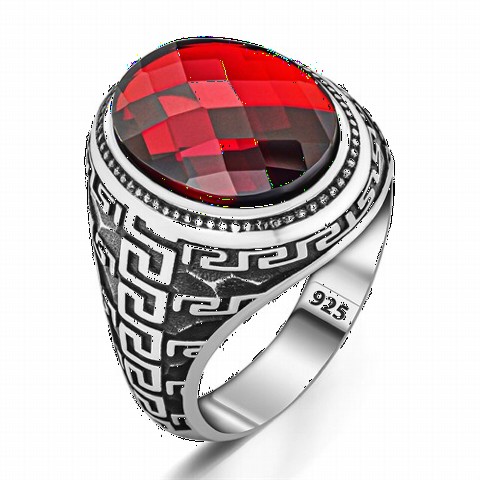 Labyrinth Patterned Red Zircon Stone Silver Ring 100350292