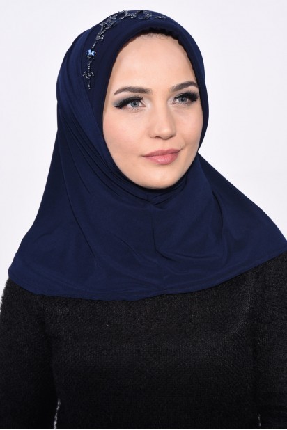Ready to wear Hijab-Shawl - Hijab Paillettes Pratique Bleu Marine - Turkey