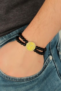 Others - Yellow Colored Metal Tumbled Silver KayÄ± Length Figured Black Color Double Row Natural Stone Men's Bracelet 100318443 - Turkey