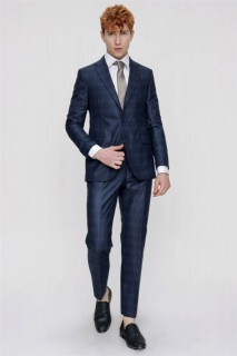 Outdoor - Men's Navy Blue Plaid Check Dynamic Fit Comfortable Cut 6 Drop Suit 100350626 - Turkey