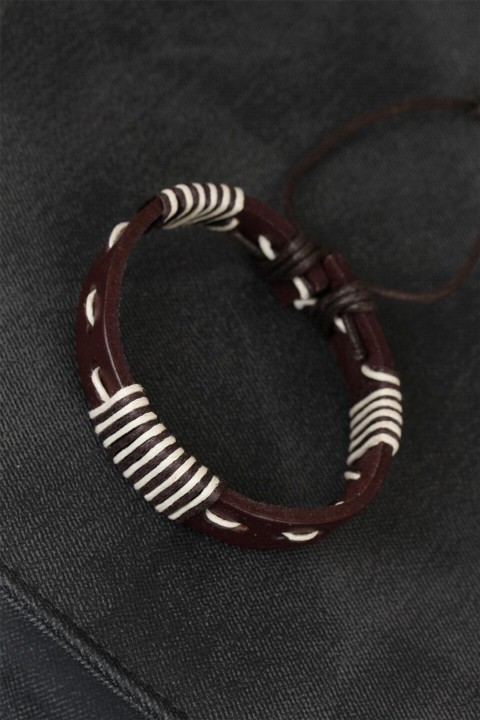 Bracelet - White Corded Brown Leather Men's Bracelet 100318698 - Turkey