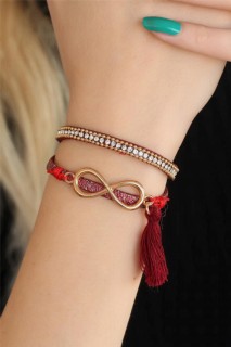Woman - Infinity Accessory Claret Red Leather Women's Bracelet 100318726 - Turkey