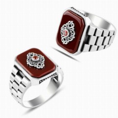 Agate Stone Rings - Agate Stone Solitaire Clock Handle Motif Silver Ring 100347874 - Turkey
