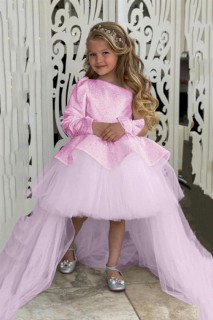 Evening Dress - Rosafarbenes Abendkleid mit einer Schulter und silbrigem, flauschigem Tüll für Mädchen 100328389 - Turkey