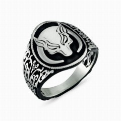 Animal Rings - Black Ground Börü Motif Silver Ring 100348304 - Turkey