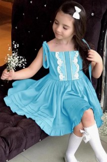 Girl Clothing - فستان بناتي رياضي بحمالات مطرزة من الدانتيل وحافة كشكش أزرق 100327380 - Turkey