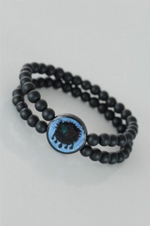 Bracelet - Blue Metal Ottoman Emblem Figure Black Color Double Row Natural Stone Men's Bracelet 100318664 - Turkey