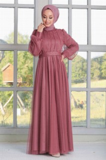 Woman Clothing - Dusty Rose Hijab Evening Dress 100335346 - Turkey