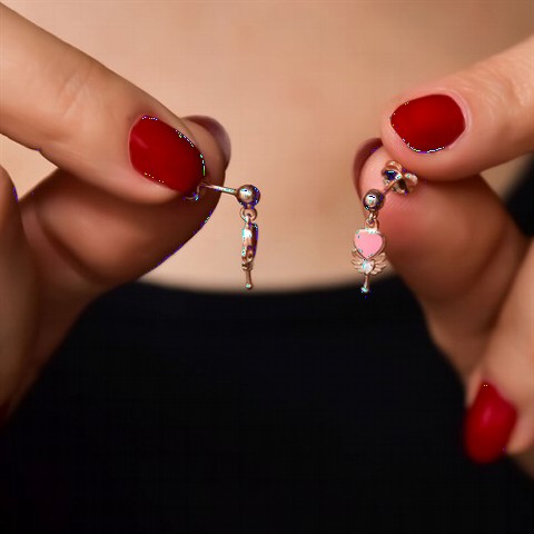 jewelry - Pink Enamel Heart Wing Silver Earrings 100350025 - Turkey