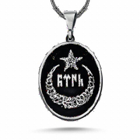Crescent and Star Sterling Silver Necklace with Turkish Inscription in Gokturk 100348254