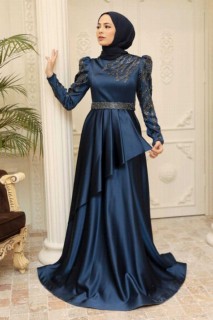 Navy Blue Hijab Evening Dress 100341588