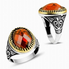 Zircon Stone Rings - Double Vav and Elif Patterned Red Stone Silver Men's Ring 100347751 - Turkey