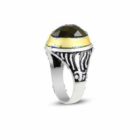 Zircon Stone Rings - Black Cut Zircon Stone Model Silver Men's Ring 100349304 - Turkey