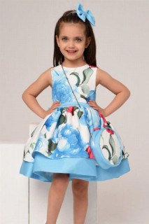 Outwear - فيونكة ظهر مخططة بخصر بناتي ، حقيبة وإبزيم هدية ، فستان أزرق مزين بالزهور 100327366 - Turkey