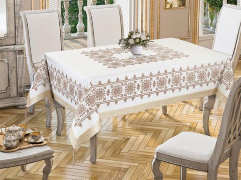 Rectangle Table Cover - Cross-stitch Printed Sultan Table Cloth Gold 160x300 Cm 100259912 - Turkey