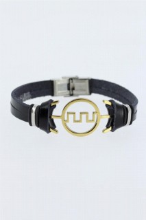 Men - Gold Color Labyrinth Figured Metal Accessory Black Color Leather Men's Bracelet 100318585 - Turkey