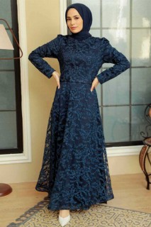 Wedding & Evening - Navy Blue Hijab Evening Dress 100341708 - Turkey
