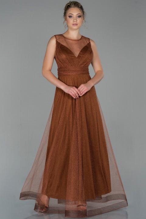 Woman Clothing - Evening Dress Sleeveless Fishnet Organza Long Evening Dress 100297354 - Turkey