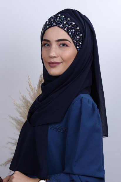 Ready to wear Hijab-Shawl - Stone Design Motorhaubenschal Marineblau - Turkey