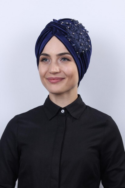 Woman Bonnet & Turban - Velours Guipure Vera Os Bleu Marine - Turkey