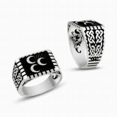 Moon Star Rings - Three Crescent Motif Knitted Pattern Silver Men's Ring 100348787 - Turkey