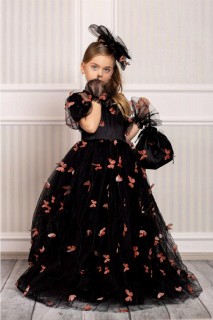 Kids - Girl's Breast Stone Embroidered Butterfly Detailed Black Evening Dress with Bag 100328348 - Turkey