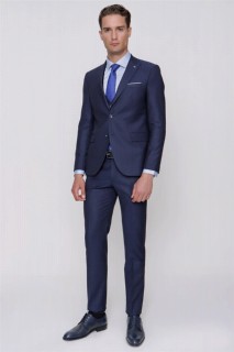 Suit - سترة رجالي بمقاس نحيف من قماش الجاكار باللون الأزرق الداكن بقصة ضيقة 6 دروب 100350809 - Turkey