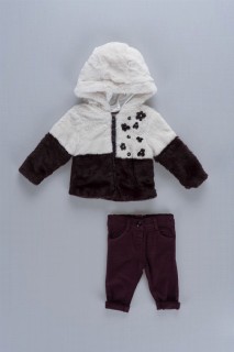 Outwear - Floral Detailed Plush Coat Girl Child 3-Piece Suit 100326165 - Turkey