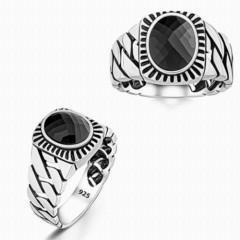 Knitted Patterned Black Onyx Stone Silver Ring 100346370