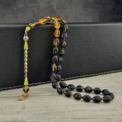 Rosary - Black Yellow Color Transition Gold Plated Tasseled Fire Amber Rosary 100349375 - Turkey