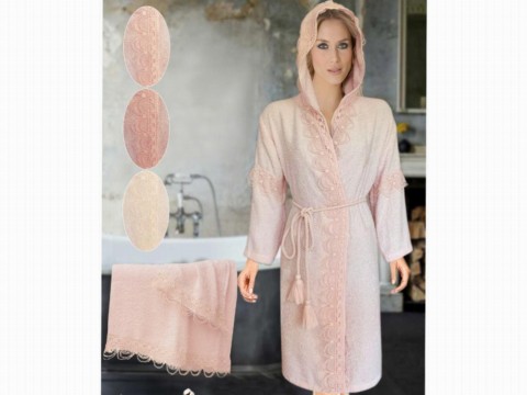 Set Robe - Cotton Lace Ladies Bathrobe Set Wave 100332341 - Turkey