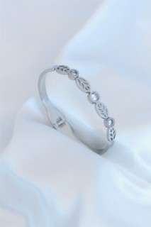 Bracelet - Silver Color Leaf Figure Zircon Stone Detail Steel Women's Bracelet 100327809 - Turkey