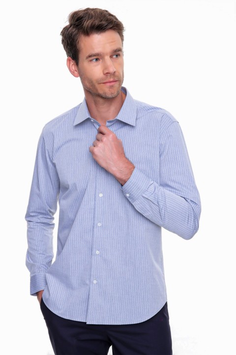 Men's Navy Blue Marida 100% Cotton Slim Fit Slim Fit Solid Collar Long Sleeve Shirt 100351202