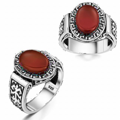 Labyrinth Patterned Red Agate Silver Ring 100350228