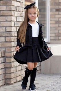 Outwear - Boys Zipper Detailed Pleated Black Skirt Suit 100326861 - Turkey