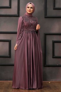 Wedding & Evening - Dark Dusty Rose Hijab Evening Dress 100336898 - Turkey