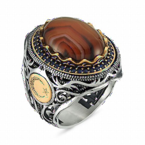mix - Amber Stone Ottoman Motif Sterling Silver Men's Ring 100348518 - Turkey