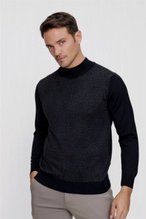 Men's Navy Blue Dynamic Fit Relaxed Cut Diamond Pattern Half Turtleneck Knitwear Sweater 100345112