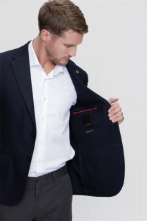 Men's Navy Blue Plue Patterned Slim Fit Slim Fit Bag Pocket 6 Drop Jacket 100350651
