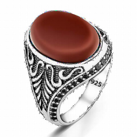 Agate Stone Ottoman Motif Sterling Silver Men's Ring 100349171