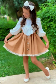 Girl's Ruffle Blouse and Skirt with Lace Embroidered Brown Loaflet Suit 100328277