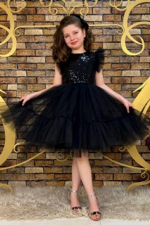 Evening Dress - Girls' Sleeves Ruffled Skirt Fluffy Tulle Pulpette Black Evening Dress 100328402 - Turkey