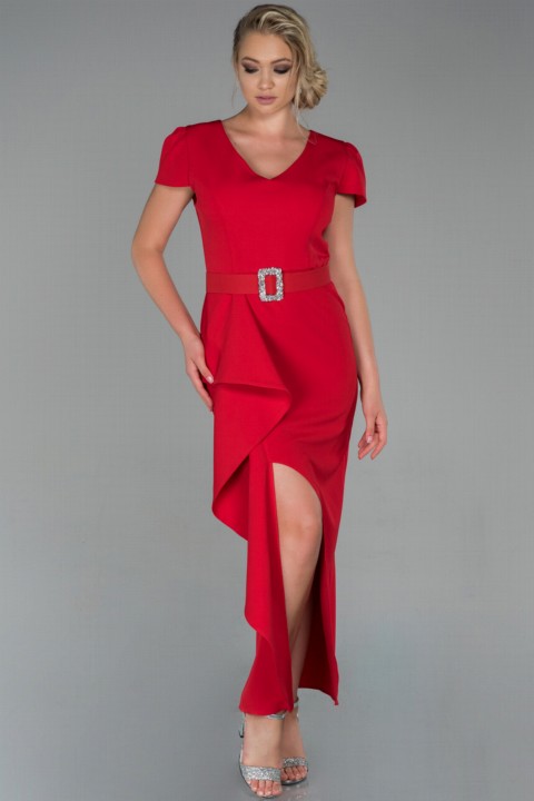 Woman Clothing - Evening Dress Short Sleeve Belted Midi Invitation Dress 100297444 - Turkey