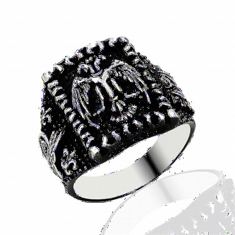 Animal Rings - Black Background Double Headed Eagle Motif Sterling Silver Men's Ring 100349049 - Turkey