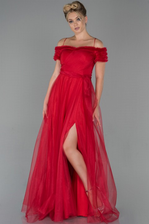 Woman Clothing - Evening Dress Short Sleeve Leg Decollete Long Tulle Evening Dress 100297309 - Turkey