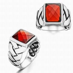 Red Zircon Stone Knitted Model Sterling Silver Ring 100346352