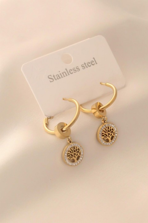 Gold Color Ring Tree of Life Figure Zircon Stone Detail Steel Women's Earrings 100327769