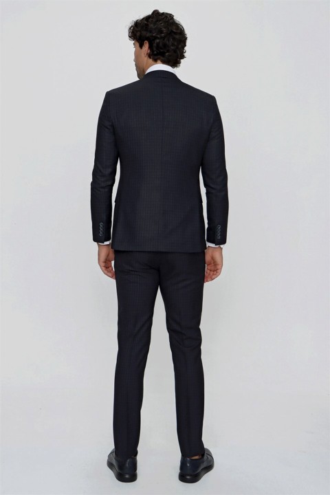 Men Navy Blue Laqos Vest Plaid Check Slim Fit Slim Fit 6 Drop Suit 100350986